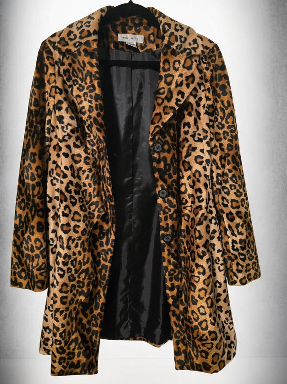 Nine West Leopard Print Mid-Length Coat Size Small Martingale Back Trench Coat